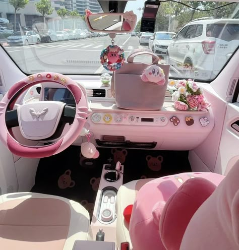 Pastel Car Aesthetic, Sanrio Car Aesthetic, Cute Car Accessories Pink, Pastel Car Interior, Pretty Car Decor, Girly Car Interior Aesthetic, Coquette Car Accessories, Coquette Car Interior, Kawaii Car Decor