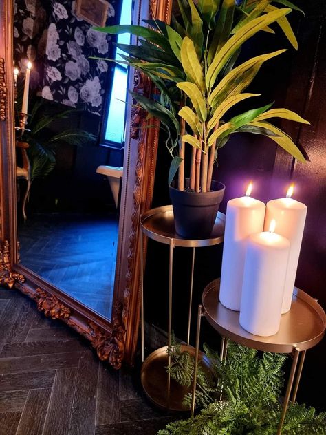 Moody Boutique Interior, Dark Tattoo Shop Aesthetic, Moody Esthetics Room, Dark Facial Room, Dark Beauty Salon Aesthetic, Gothic Salon Suite, Witchy Salon Aesthetic, Eclectic Esthetician Room, Sultry Decor