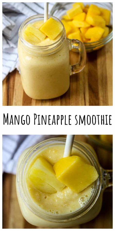 Mango Pineapple Smoothie is a trio of tropical fruits, almond milk, and Greek yogurt that will make you feel like you're on a tropical island! It's a quick and healthy breakfast and a delicious way to start the day. Creamy Smoothie Recipes, Smoothie Almond Milk, Pineapple Mango Smoothie, Gluten Free Brunch Recipes, Make Ahead Brunch Recipes, Greek Yogurt Smoothie, Cinnamon Smoothie, Mango Pineapple Smoothie, Quick And Healthy Breakfast