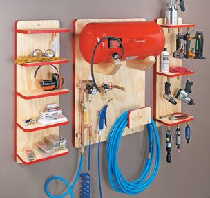 Tools, Jigs & Fixtures | Woodsmith Plans Air Tool Storage, Woodshop Plans, Organized Workshop, Woodsmith Plans, Garage Organization Tips, Garage Workshop Organization, Tool Stands, Garage Tool Storage, Shop Projects