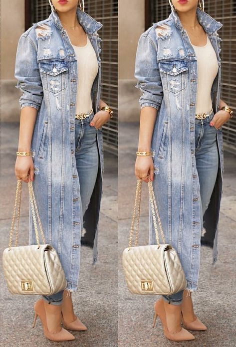 Long Denim Jacket Outfit Winter, Long Jean Jacket Outfits, All Denim Outfits For Women, Denim Long Jacket, Denim Style Casual, Long Denim Jacket, Prom Dresses Black, Denim Coat Women, 2024 Prom