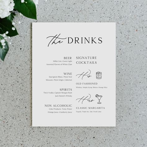 Salon Drink Menu Ideas, Party Drink Menu Ideas, Wedding Drink Menu Ideas, Wedding Cocktail Menu Sign, Drink Signs For Wedding, Wedding Drink Signs, Wedding Drink Station Sign, Drinks Menu Wedding, Cocktail Menu Wedding