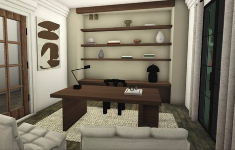 Bloxburg Study Room Ideas Modern, Bloxburg Small Office Ideas, Aesthetic Office Bloxburg, Bloxburg Office Building Ideas, Small Office Bloxburg, Modern Office Design Bloxburg, Bloxburg Home Office Ideas, Bloxburg Ideas Office, Bloxburg School Office Ideas