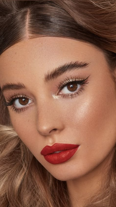 Red Lipstick Makeup Looks, Red Makeup Looks, Red Lips Makeup Look, Maquillage On Fleek, Christmas Eye Makeup, Red Lipstick Makeup, Day Makeup Looks, Christmas Makeup Look, Red Lip Makeup