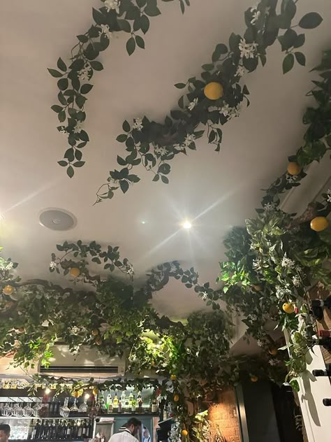 Flower Vine Ceiling Bedroom, Leaves Room Decor Ceiling, Bedroom Ceiling Ideas Aesthetic, Moss Ceiling Bedroom, Vibes Hanging From Ceiling, Vibes On Ceiling Bedroom, Hanging Room Decor Ceilings, Flower Vines Room Decor, Leaves Hanging From Ceiling Bedroom