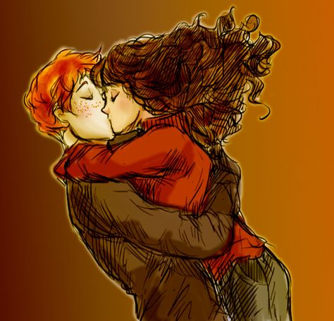 Ron and Hermione kiss Ron E Hermione, Hermione Fan Art, Hermione And Ron, Percy Jackson Fanart, Ron Weasley Hermione Granger, Art Harry Potter, Fan Art Anime, Harry Potter Ron, Harry Potter Style