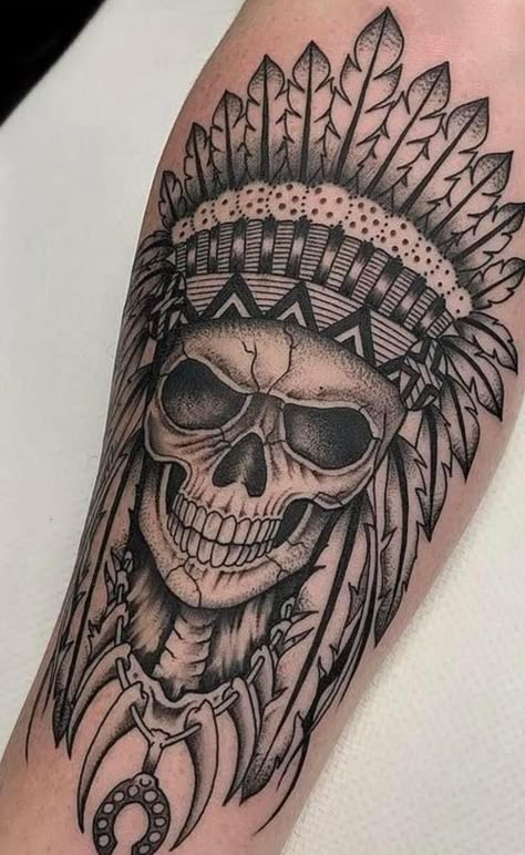 Indian Headdress Tattoo, Outer Bicep Tattoos, Guide Tattoo, Men Guide, Indian Skull Tattoos, Indian Tattoo Design, Headdress Tattoo, Skull Tattoo Designs, Skull Girl Tattoo