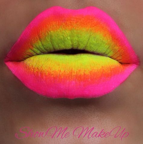 Neon Bright Eye Makeup | Bright Neon Lips*I created these using Kryolan Aqua Colour Liquid ... Bronzer And Contour, Kryolan Makeup, Neon Lipstick, Neon Carnival, Neon Lips, Pop Art Lips, Mini Boutique, Bright Eye Makeup, Green Lips