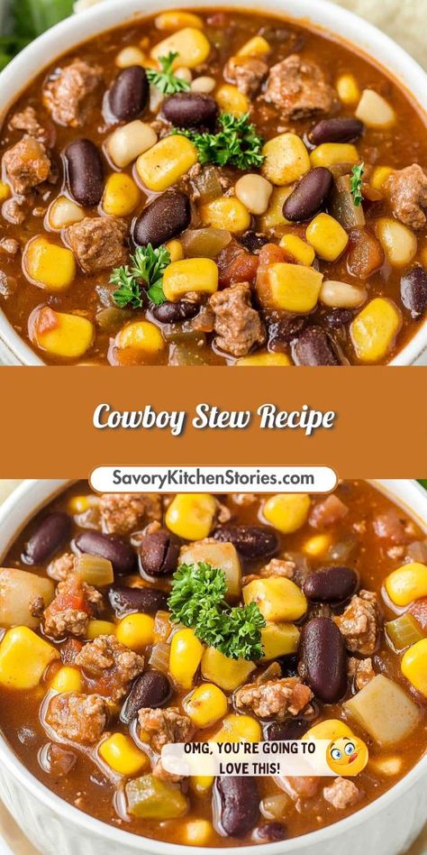 Searching for a simple yet flavorful recipe to feed a crowd? This Cowboy Stew Recipe is ideal for your Crockpot, delivering a comforting meal with minimal effort. Save this delicious recipe for your next gathering to wow your guests with a hearty feast! Cowboy Crockpot Recipes, Bison Stew Recipes, Christmas Stew, Cowboy Stew Recipe, Soups Beef, Bison Stew, Cowboy Recipes, Cowboy Soup, Bacon Beans