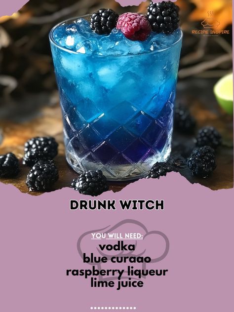 🔮✨ Looking to cast a spell on your taste buds? Try the intoxicating "Drunk Witch" cocktail! 🧙‍♀️🍹 🍹 Drunk Witch Ingredients: - 1.5 oz vodka - 0.5 oz blue curaçao - 0.5 oz raspberry liqueur - 0.5 oz lime juice - 1 oz cranberry juice - Fresh blackberries for garnish Instructions: 1. Fill a shaker with ice. 2. Add vodka, blue curaçao, raspberry liqueur, lime juice, and cranberry juice. 3. Shake well and strain into a glass. 4. Garnish with fresh blackberries. 5. Enjoy the magical flavors of t... Witch Ingredients, Witch Cocktail, Lime Juice Recipes, Vodka Blue, Cozy Fall Recipes, Raspberry Liqueur, Twisted Recipes, Cast A Spell, Festive Drinks