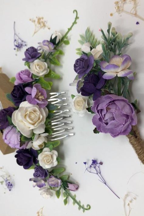 This beautiful purple bridal hair comb, boutonniere are handcrafted with purple and white flowers and greenery. They are light and simply beautiful, perfect for tucking into an up-do. These flower headpieces are gorgeous for a wedding, photo shoots, party as a gift, or as a treat for yourself.
The flowers comb measures around 7-8 inches. Purple Boutonniere, Floral Hair Piece, Wedding Flower Hair, Flower Head Wreaths, Lavender Wedding Flowers, Decorative Hair Combs, Wedding Comb, Floral Hair Pieces, Red Wedding Flowers