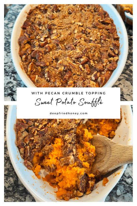 Put a twist on an old favorite with my Sweet Potato Souffle recipe. Pecans, brown sugar and butter blend together for a delicious dish. Sweet Potato Suffle, Bourbon Sweet Potatoes, Potato Souffle, Souffle Recipe, Pecan Crumble, Autumn Salad Recipes, Sweet Potato Souffle, Souffle Recipes, Honey Baked Ham