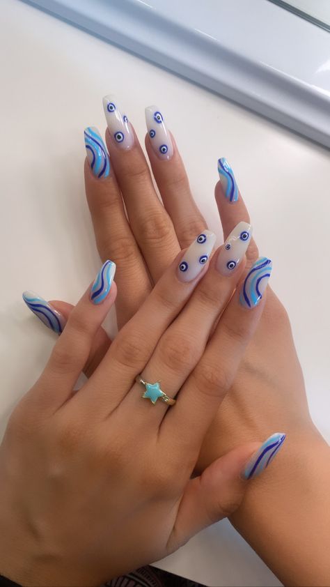 Summer nails ideas | 23 | evil eye design | aesthetic Evil Eye Acrylic Nail Designs, Croatia Nails Ideas, Evil Eye Nail Art Design, Evil Eye Nail Ideas, Turkish Eye Nails, Evil Eye Nail Design, Croatia Nails, Evil Eye Nails Design, Evil Eye Nail Designs