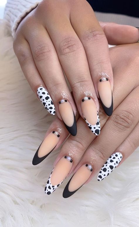 Cow-print manis are a moo-d. #schickhydrosilk #ad Black And White Nail, Black And White Nail Art, Long Almond Nails, Almond Nail Art, Popular Nail Art, White Manicure, Manicure Inspiration, Minimalist Nail Art, White Acrylic Nails