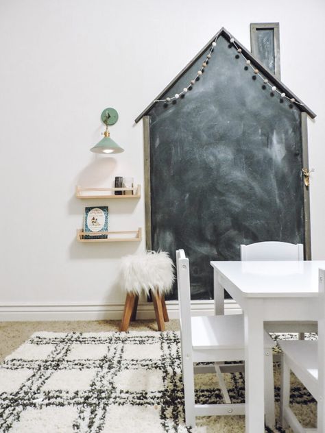 Chalk Wall Nursery, Chalkboard House Wall, Chalkboard Playroom Ideas, Playroom With Chalkboard Wall, Chalkboard In Playroom, House On Wall Playroom, House Shaped Chalkboard, Chalk Wall Playroom, Chalkboard Wall Kids Room