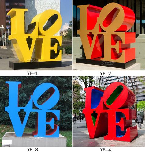 Letter Sculpture Ideas, Text Sculpture, Typography Sculpture, Letter Sculpture, Modern Urban Decor, Robert Indiana Love, Love Sculpture, Indiana Love, Sculpture Outdoor