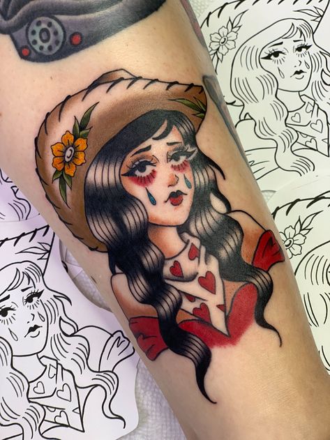 Goth Traditional Tattoo Flash, American Traditional Mexican Tattoo, Love Inspired Tattoos, Pretty Traditional Tattoo, Rodeo Clown Tattoo, American Traditional Cowgirl Tattoo, Traditional Witch Tattoo, Cowgirl Pinup Tattoo, Cowgirl Tattoos Traditional