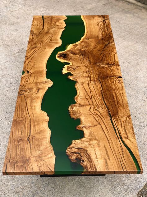 Wood Oak Green Epoxy Table | Maxiwoods Green Epoxy Table, Farm Furniture, Wooden Epoxy, Live Edge Table Tops, Cabot Cove, Epoxy Tables, Diy Cabin, Resin River Table, Resin Table Top