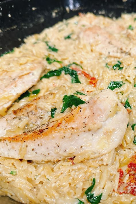 Creamy Chicken Boursin Orzo Bake Lemon Chicken Orzo Bake Boursin, Chicken Orzo Boursin Recipes, Boursin Chicken Orzo Bake, Boursin Orzo With Chicken, Orzo Boursin Bake Oven, Chicken Boursin Orzo, Boursin Orzo Bake, Dutch Oven Chicken Breast, Boursin Chicken