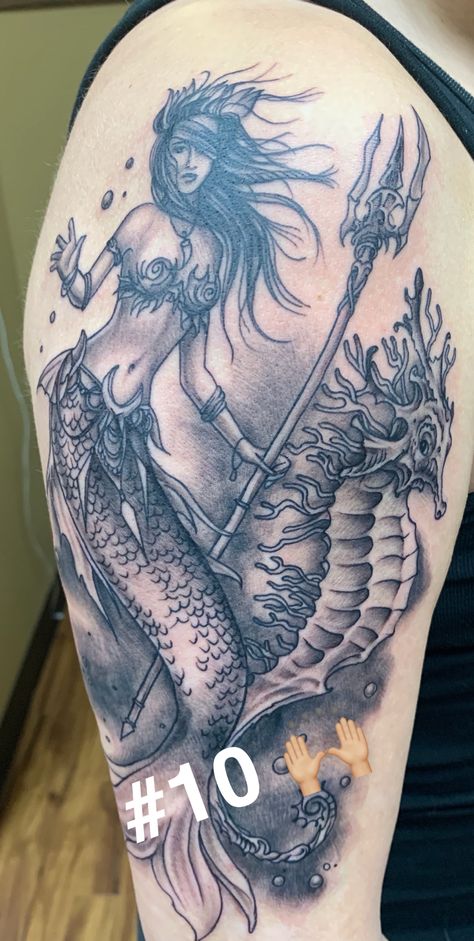 Mermaid With Trident Tattoo, Mermaid With Trident, Vintage Mermaid Tattoo, Mermaid Tail Tattoo, Fairy People, Tail Tattoo, Trident Tattoo, Beautiful Temple, Mermaid Artwork