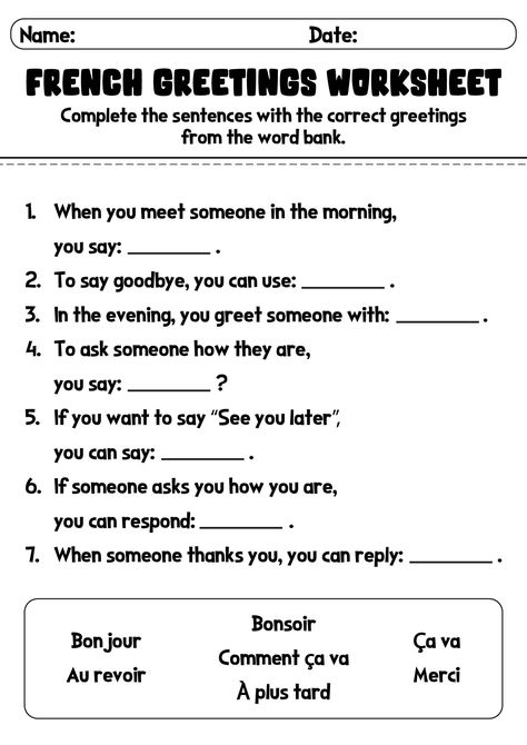 Beginners French Greetings Worksheets Greetings Worksheets, A Student Studying, Studying French, French Greetings, French Numbers, Introducing Yourself, High School French, French Flashcards, Basic French Words