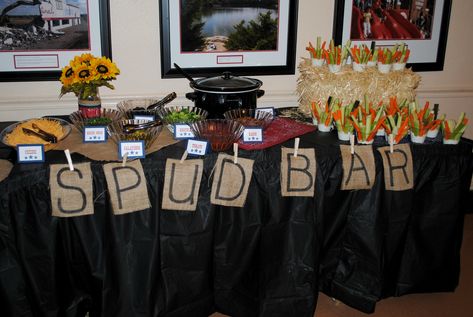 Baked potato bar. Western theme party food ideas. Spud bar. Spud Bar Ideas, Potatoe Theme Party, Teacher Baked Potato Bar, Western Party Menu Food Ideas, Baked Potato Bar Decorations, Staff Luncheon Ideas, Western Open House Theme, Western Theme Party Food Buffet Tables, Western Theme Volunteer Appreciation