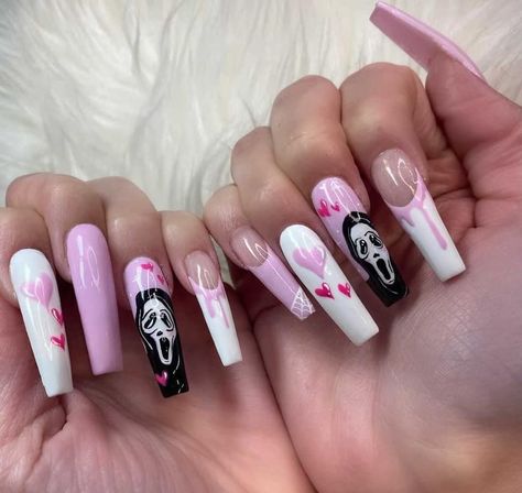 Hello Kitty Ghostface, Nails Ghostface, Ghost Face Nails, Ghostface Nails, Pink Ghostface, Scream Film, Nails Ghost, Nails Basic, Nails Goth