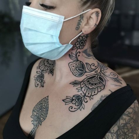 Kamila Daisy on Instagram: “Well done Cecile! Two matching neck and shoulder folky floral bois, above a healed sternum and chest tattoo I did a couple of years ago.…” Matching Shoulder Tattoos, Floral Chest Tattoo, Shoulder Tattoos, Chest Tattoo, Well Done, Tattoo Inspo, Shoulder Tattoo, Tattoo On, Blackwork