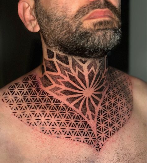 Dot Work Neck Tattoo Men, Mandala Neck Tattoo Men Design, Men’s Geometric Neck Tattoo, Geometrical Neck Tattoo, Neck Tattoo Filler Ideas, Mandela Neck Tattoo, Pattern Neck Tattoo, Neck Filler Tattoo, Neck Geometric Tattoo