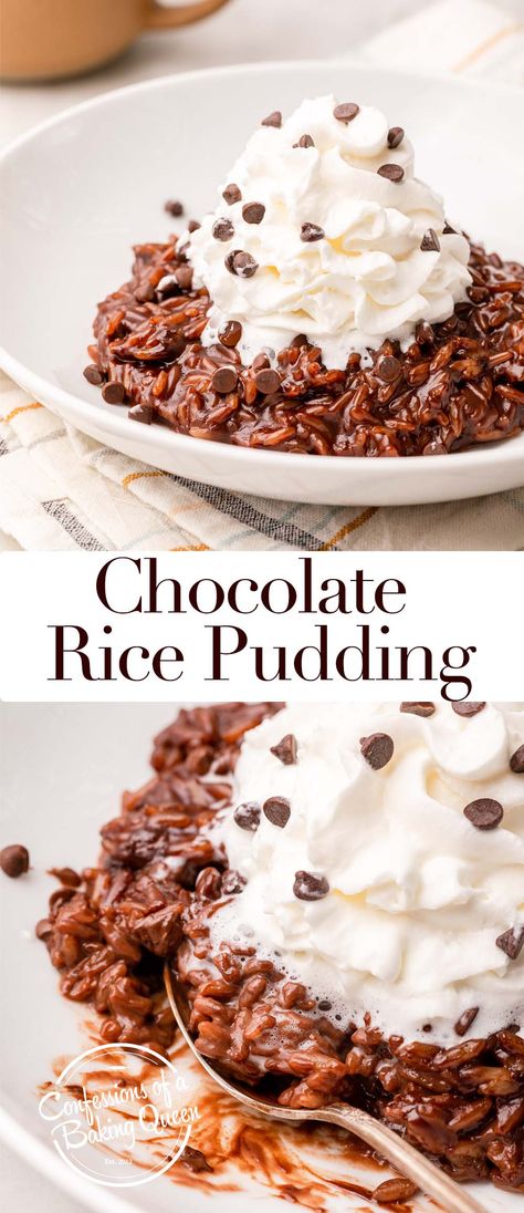 Comfort food chocolate rice pudding is delicious, easy to make, and sure to satisfy your biggest chocolate cravings! This easy recipe is made in about 15 minutes! Easy Rice Desserts, Sweet Rice Recipes, Desserts With Rice, Dessert Rice, Dessert Rice Recipes, Things To Make With Chocolate Pudding, Rice Pudding Recipe Crockpot, Rice Pudding With Instant Rice, Savory Rice Pudding