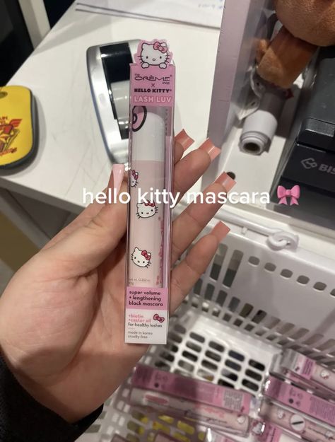 Hello Kitty Mascara, Cute Hello Kitty Makeup, Hello Kitty Lashes, Hello Kitty Lash Curler, Sanrio Makeup Products, Hello Kitty X Creme Shop, Sanrio Makeup Brushes, Makeup Accesories, Cheap Makeup