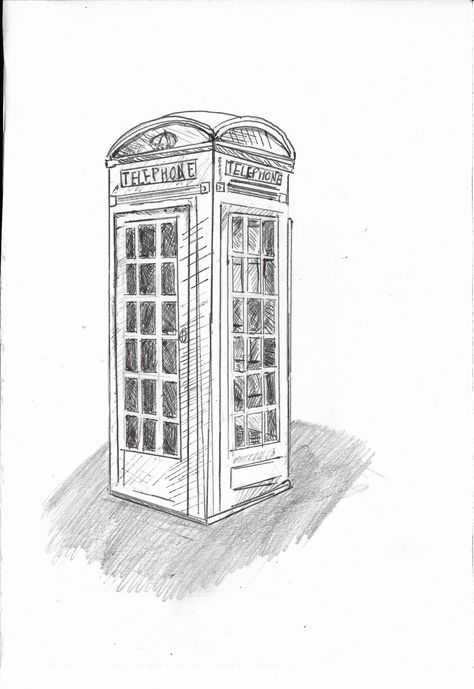 Ink Wash Telephone Box Black and white Illustration Sketch Biro Fineliner Messy Rushed Easy London Pencil Shading Charles Sheeler, Urban Drawing, London Sketch, Bridge Drawing, 3d Pencil Drawings, Perspective Drawing Lessons, Telephone Box, Architecture Sketchbook, London Architecture