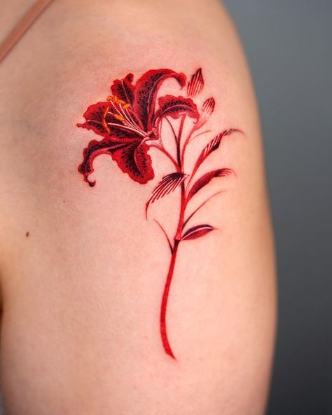 Lillies Tattoo, Red Lily, Lily Tattoo, Cover Up Tattoo, Family Tattoos, Red Ink, Black Tattoos, Maple Leaf Tattoo, Seoul