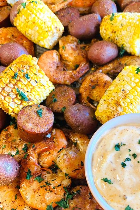 shrimp boil on a sheet pan Traeger Shrimp Recipe, Blackstone Shrimp Boil, Traeger Seafood Recipes, Traeger Shrimp, Recteq Recipes, Grilled Shrimp Boil, Old Bay Shrimp Boil, Traeger Ideas, Trager Grill