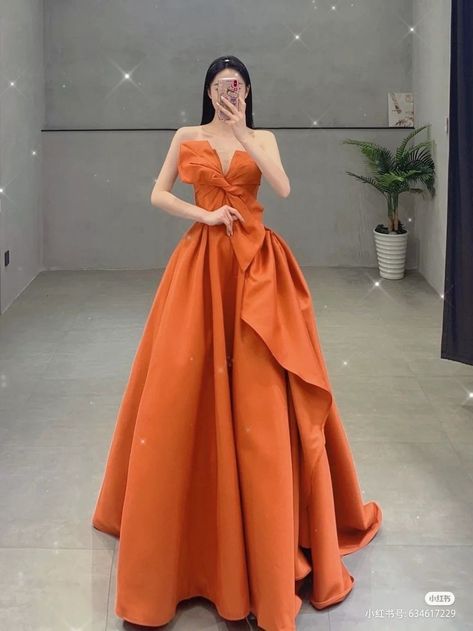 Orange Ball Gown Aesthetic, Ball Gown Aesthetic, Orange Formal Dresses, Beautiful Frocks, Long Blouse Designs, Dress Pesta, African Prom Dresses, Color Dresses, Gowns Dresses Elegant