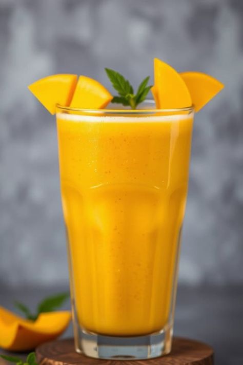 A glass of mango smoothie garnished with mango slices and mint leaves. Coconut Milk Smoothie Recipes, Mango Coconut Smoothie, Make Ahead Smoothies, Mango Slices, Tropical Smoothie Recipes, Freezer Smoothies, Energizing Smoothies, Smoothie Flavors, Beverage Ideas