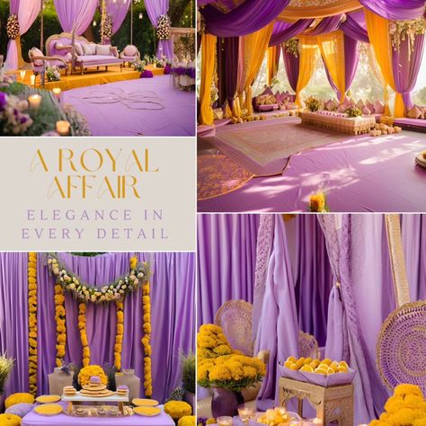 Immerse yourself in the grandeur of regal elegance. At Heart2Heart Weddings and Events, we craft every detail to reflect your unique love story. From the vibrant hues to the luxurious accents, we ensure that your celebration is nothing short of a royal affair. Let us transform your vision into a breathtaking reality. Ready to create your dream event? Contact us today to bring your vision to life! #RoyalAffair #LuxuryWeddings #ElegantEvents #Heart2HeartWeddings #EventDesign #WeddingDecorInsp... Haldi Decoration Ideas Purple, Lavender Theme Haldi, Purple Yellow Party Decorations, Purple And Yellow Wedding Palette, Purple And Yellow Haldi Decor, A Royal Affair, Party Setup, Luxury Wedding, Event Design