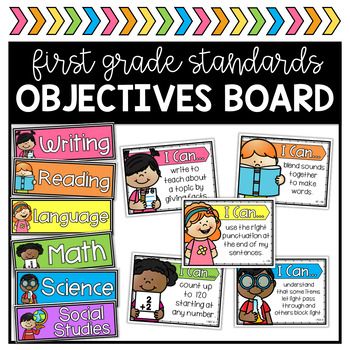 An Objectives Board is the PERFECT visual to display current learning targets and objectives. Students will know what concepts are being taught in the classroom and it is easy to reference throughout lessons, small group, etc. 

 This set includes: 
All of the subject headers (Writing, Reading, Language, Math, Science, Social Studies, Phonics, Spelling, Essential Questions, Habits of Mind, Life Skills, and additional blank templates in the editable version)
I Can Statements for ALL 1st Grade Com 2nd Grade Bulletin Boards, Classroom Objectives, Objectives Board, Moving To A New Apartment, Language Objectives, Focus Boards, Student Attendance, Classroom Tour, Phonics Spelling