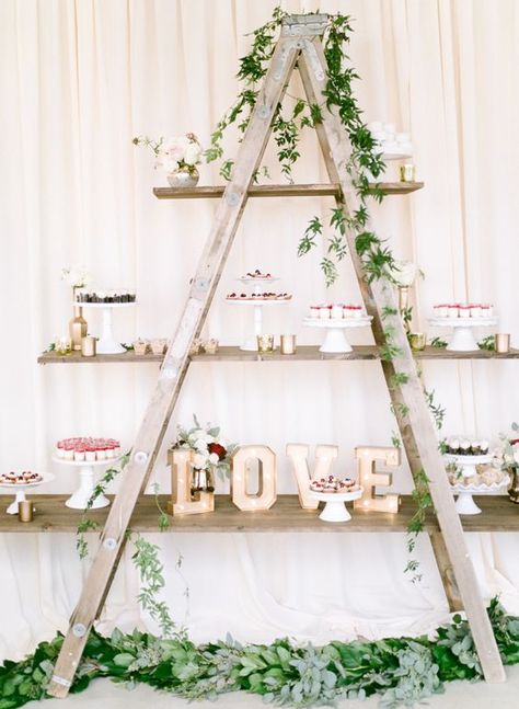 Transform an old ladder into the perfect reception decor! http://www.stylemepretty.com/california-weddings/2016/01/21/an-event-coordinators-dreamy-organic-romantic-backyard-wedding/ | Photography: Daphne Mae - http://www.daphnemaephotography.com/: Ladder Wedding, Backyard Wedding Photography, Dessert Display Wedding, Backyard Food, Decorative Ladder, Ladder Display, Romantic Backyard, Vintage Ladder, Wedding Dessert Table