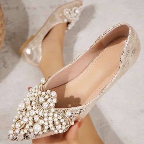 Women's Wedding Shoes Flats Slip-Ons Comfort Shoes Wedding Party Rhinestone Imitation Pearl Flat Heel Pointed Toe Elegant PU Black Apricot 2023 - US $24.99 Valentinstag Party, Wedding Shoes Flats, Wedding Flats, Bridesmaid Shoes, Womens Wedding Shoes, Bride Shoes, Casual Lace, Stylish Shoes, Bridal Shoes