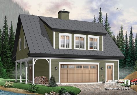 House plan 2 bedrooms, 2 bathrooms, garage, 3935 | Drummond House Plans Fireplace In The Middle, Cabin Garage, Garage Homes, Garage With Living Quarters, Ceiling Fireplace, Plan Garage, Carriage House Garage, Cabin Designs, Barn Apartment