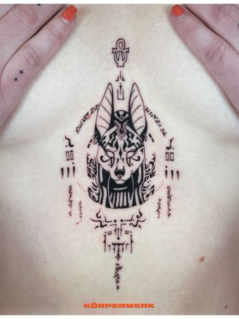 Female Anubis, Hieroglyphics Tattoo, Egyptian Tattoo Sleeve, Anubis Tattoo, Sharpie Tattoos, Cross Tattoo Designs, Egyptian Tattoo, Sternum Tattoo, Discreet Tattoos