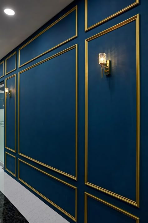 Restaurant Wall Panelling Design, Blue Wall Molding, Wall Elevation, Gold Accent Wall, Wall Molding Design, Restaurant Entrance, Entrance Wall, Lash Studio, House Wall Design