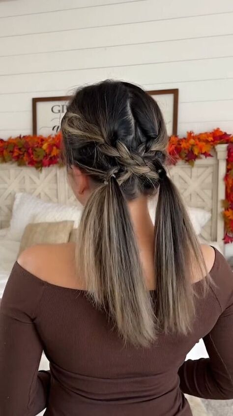 Do two braids and then criss-cross them for this fun and fancy hairstyle. It may look complicated but it’s actually extremely simple. Girls Updo, Half Braid, 2 Braids, Two Ponytails, Girl Haircut, Pigtail Braids, Pigtail Hairstyles, Two Braids