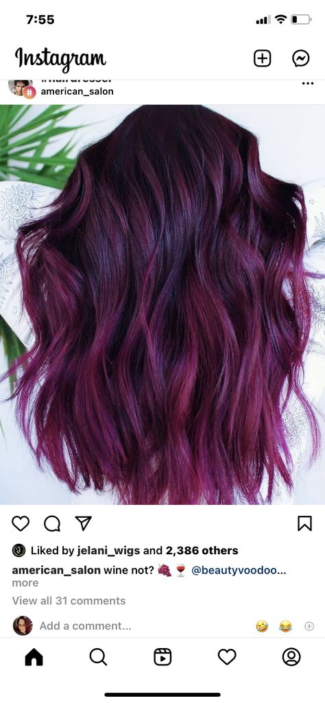 Red Violet On Dark Hair, Vibrant Red Violet Hair Color, Plum Magenta Hair, Maroon And Purple Hair, Reddish Purple Balayage, Wine Baylage Hair, Jewel Tone Hair Color Dark, Blackberry Hair Color For Brunettes, Blackberry Hair Colour With Highlights