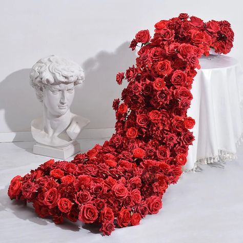 Rose Decorations Party, Floral Runner Wedding, Reception Table Runner, Flower Arrangements For Table, Table Runner Flower, Rose Flower Garland, Red Roses Centerpieces, Wedding Backdrop Arch, Wedding Reception Tables Centerpieces