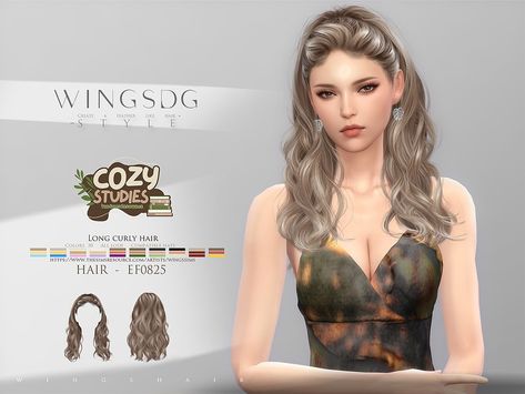 The Sims Resource - WINGS HAIR TS4 EF0825 (Long curly hair) Sims 4 Hair Curly, Hair Ts4, Fairy Hair, Colored Curly Hair, Sims 4 Collections, Textured Dress, Long Wavy Hair, Long Curly Hair, Maxis Match