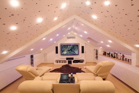 Make the Most of your Bonus Room | Salter Spiral Stair Home Cinema Design, Entertainment Room Design, Attic Renovation Ideas, Cinema Design, Dressing Room Decor, Home Cinema Room, Theater Design, Attic Flooring, Home Theaters