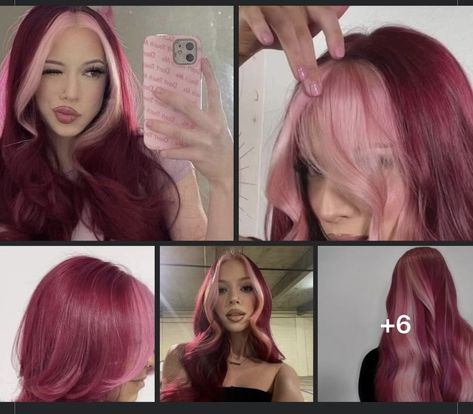 Red And Pink Two Tone Hair, Hair Dye Inspo Long Hair, Deep Red And Pink Hair, Purple Hair With Pink Money Piece, Burgundy Hair With Pink Highlights, Color Placement Hair, Different Shades Of Pink Hair, Dark Red And Pink Hair, Red Hair Pink Outfit