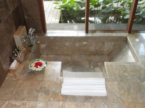 Dreamy Sunken Bathtubs To Relax In Tub In The Floor, In Floor Bathtub, Bathtub With Seat, Sunken Bath, Sunken Bathtub, Sunken Tub, Monkey Forest, Dream Bath, Marble Bath